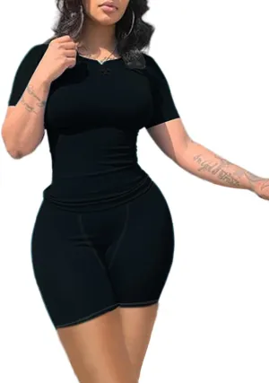 Lounge Wear Ribbed Casual 2 Piece Tracksuit Set Women Solid Skinny Short Sleeve O-Neck Top Mid Waist Elastic Leggings