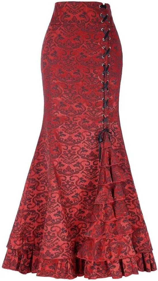Maxi Skirts for Women Steampunk Renaissance Gothic Medieval Lace Up Tiered Ruffle Fishtail Pencil Bodycon Long Skirt