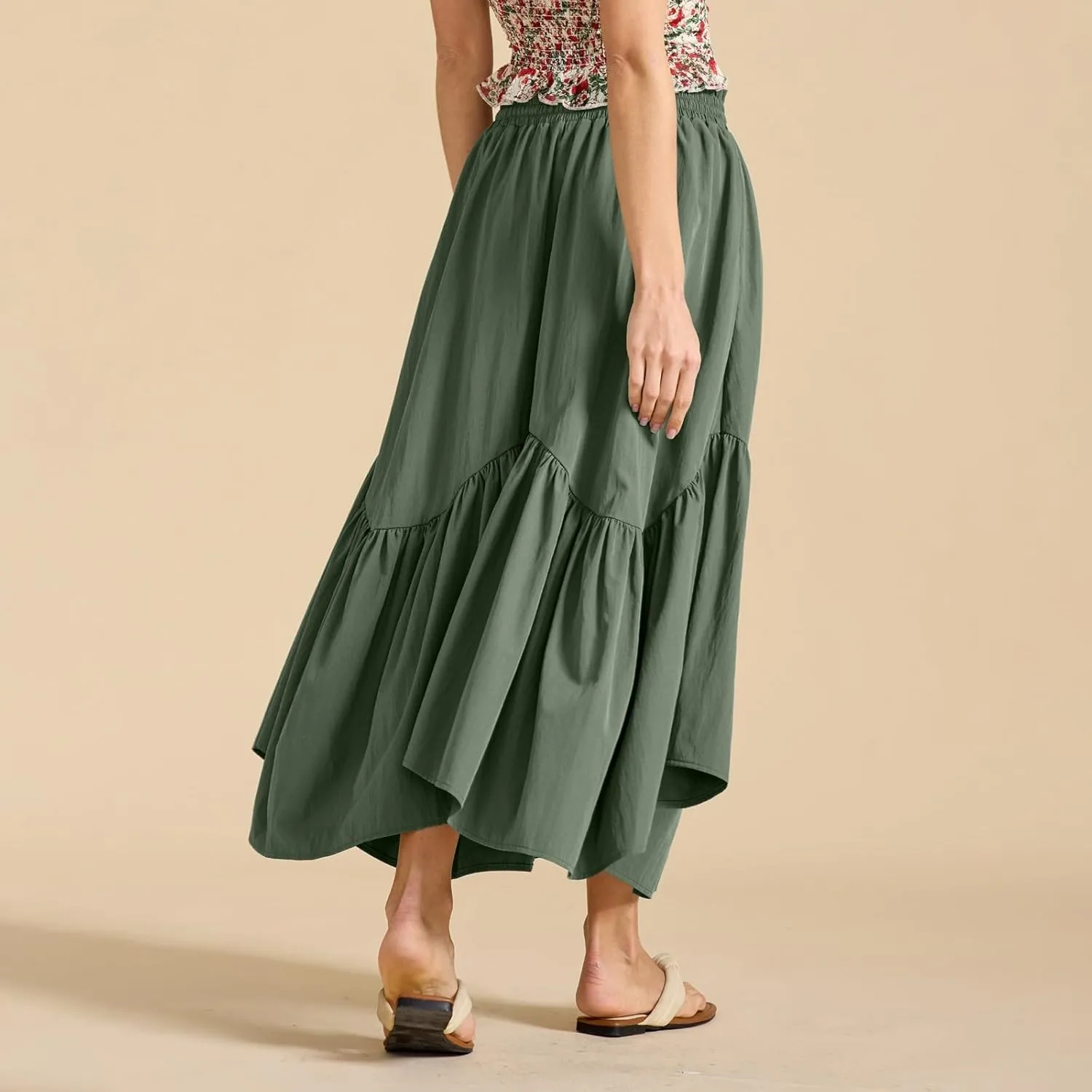 Maxi Skirts for Women Summer Boho Flowy Swing Ruffle Tiered A-Line Drawstring Elastic Waist Pleated Long Skirt Dress