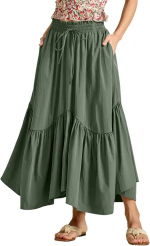 Maxi Skirts for Women Summer Boho Flowy Swing Ruffle Tiered A-Line Drawstring Elastic Waist Pleated Long Skirt Dress