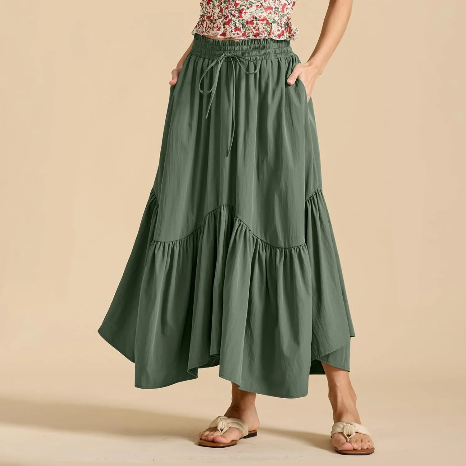 Maxi Skirts for Women Summer Boho Flowy Swing Ruffle Tiered A-Line Drawstring Elastic Waist Pleated Long Skirt Dress