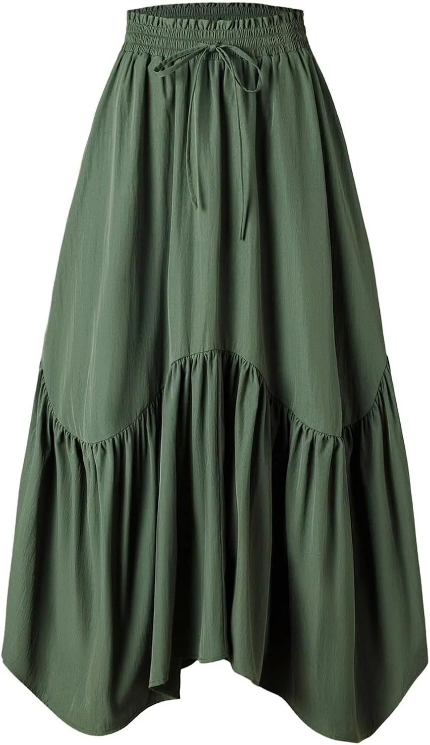 Maxi Skirts for Women Summer Boho Flowy Swing Ruffle Tiered A-Line Drawstring Elastic Waist Pleated Long Skirt Dress