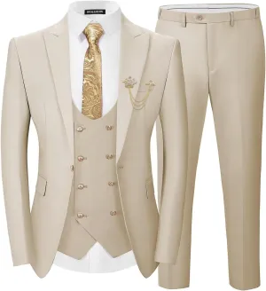 Men 3 Pieces Suits Slim Fit Wedding Prom Solid Blazer Double Breasted Vest and Pants Gold Button Tuxedo Set