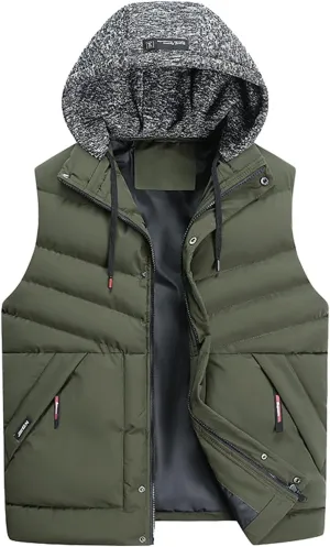 Men Outdoor Quilted Winter Puffer Vest Thicken Warm Cotton Coat Sleeveless Hooded Jacket Padded Vest Puffy Vest Men