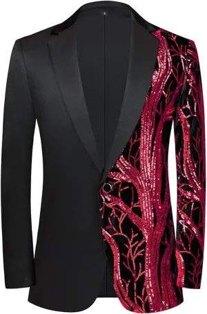 Men Shiny Sequin Blazer Slim Fit Suits Jacket Floral Tuxedo Jacket One Button Dress Suit Party Dinner Prom