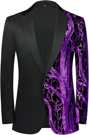 Men Shiny Sequin Blazer Slim Fit Suits Jacket Floral Tuxedo Jacket One Button Dress Suit Party Dinner Prom