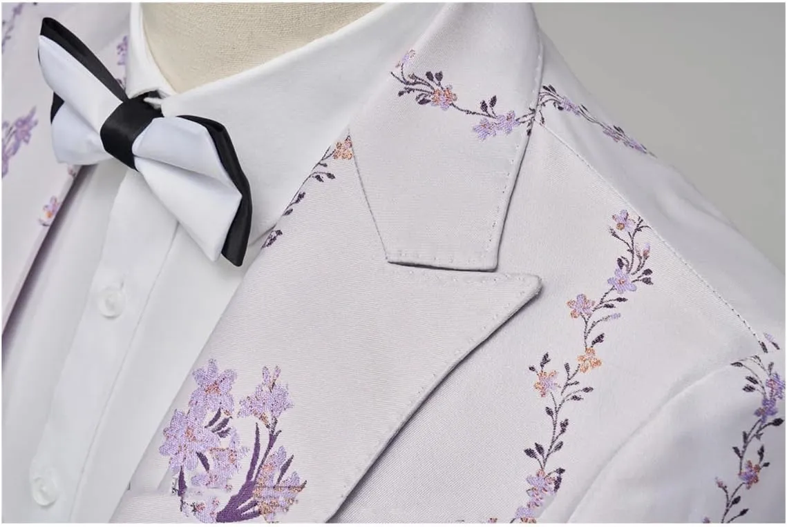 Men Suits Blazer Beautiful Lilac Purple Floral Pattern Tuxedos 3 Pieces Formal Party Costume Slim Fit Suits Set