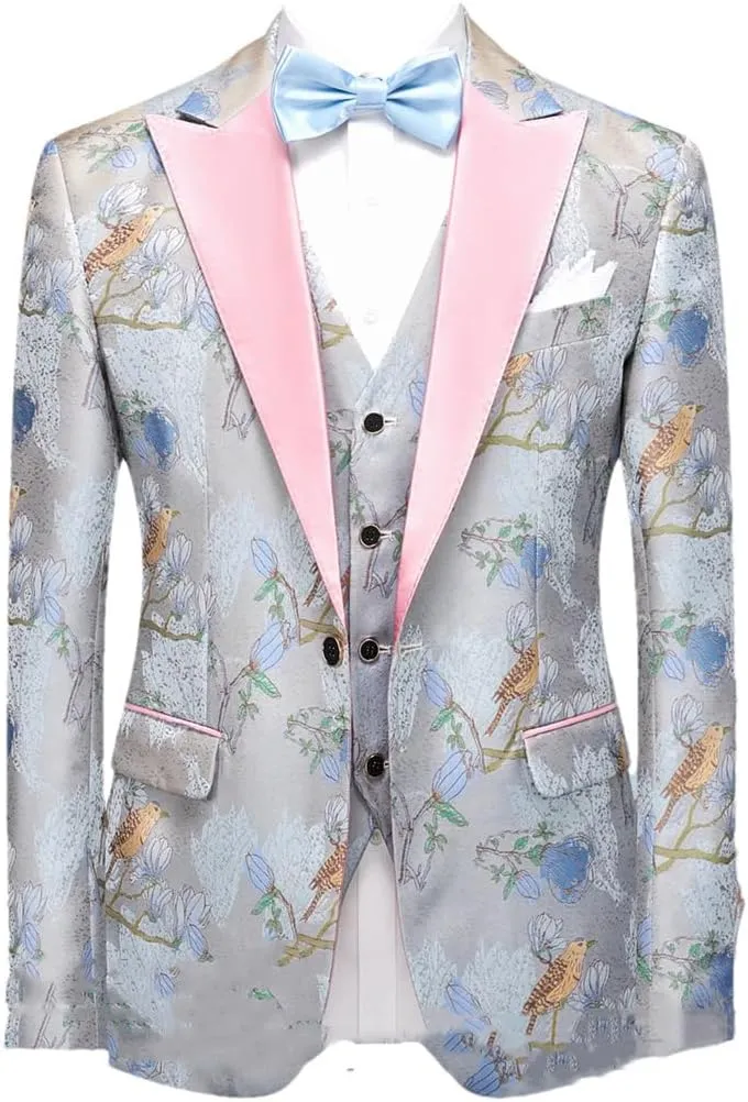 Men Suits Blazer Beautiful Lilac Purple Floral Pattern Tuxedos 3 Pieces Formal Party Costume Slim Fit Suits Set