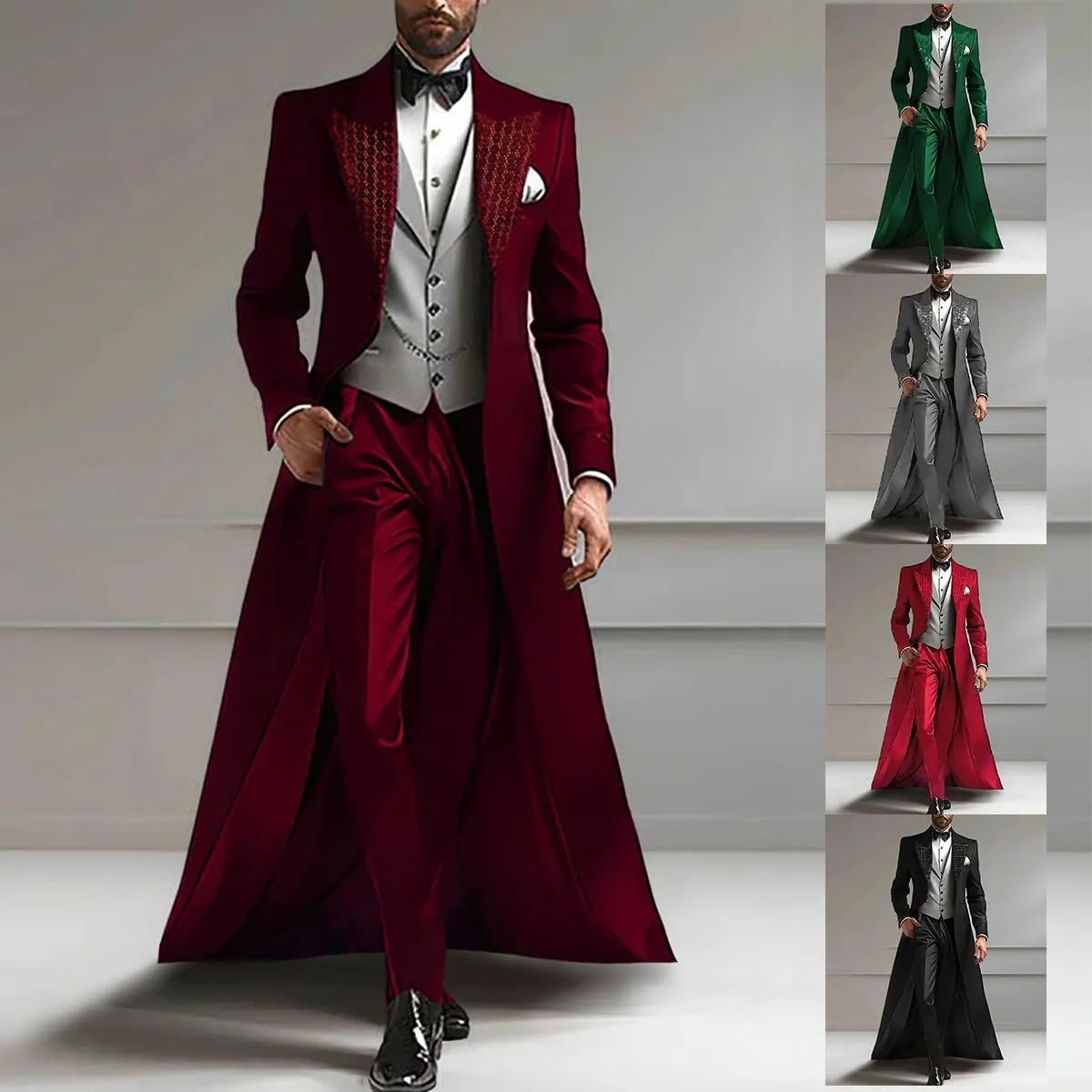 Men's 3-Piece Tuxedo Suit Peaked Lapel Coat, Vest and Pants, Formal Evening Wear