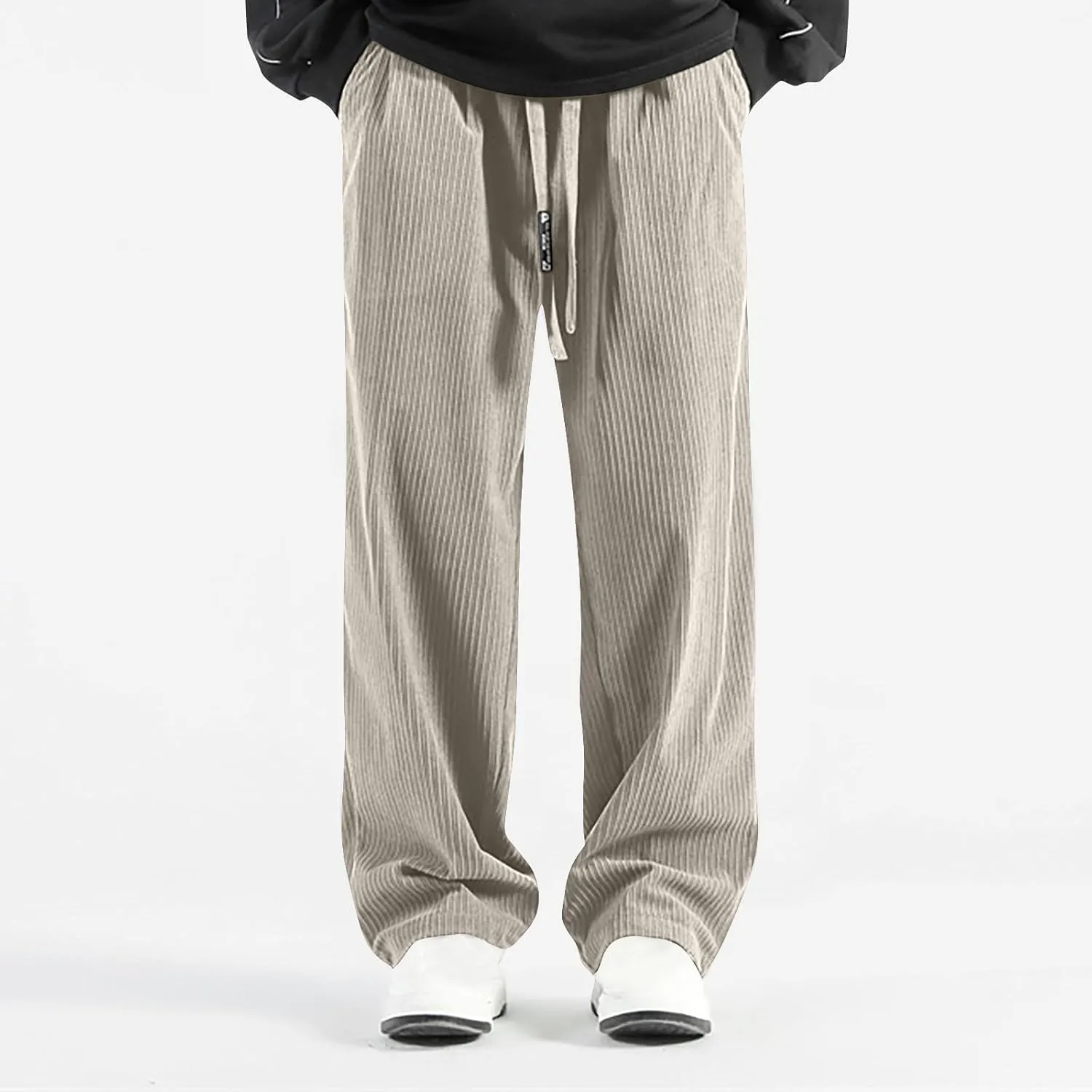 Men's Casual Baggy Corduroy Pants Stylish Comfortable Elastic High Waist Drawstring Wide Leg Trousers with Pockets