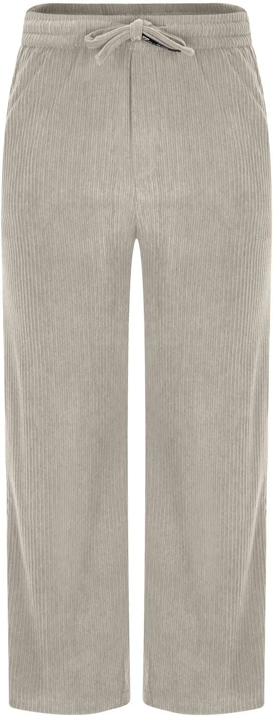 Men's Casual Baggy Corduroy Pants Stylish Comfortable Elastic High Waist Drawstring Wide Leg Trousers with Pockets