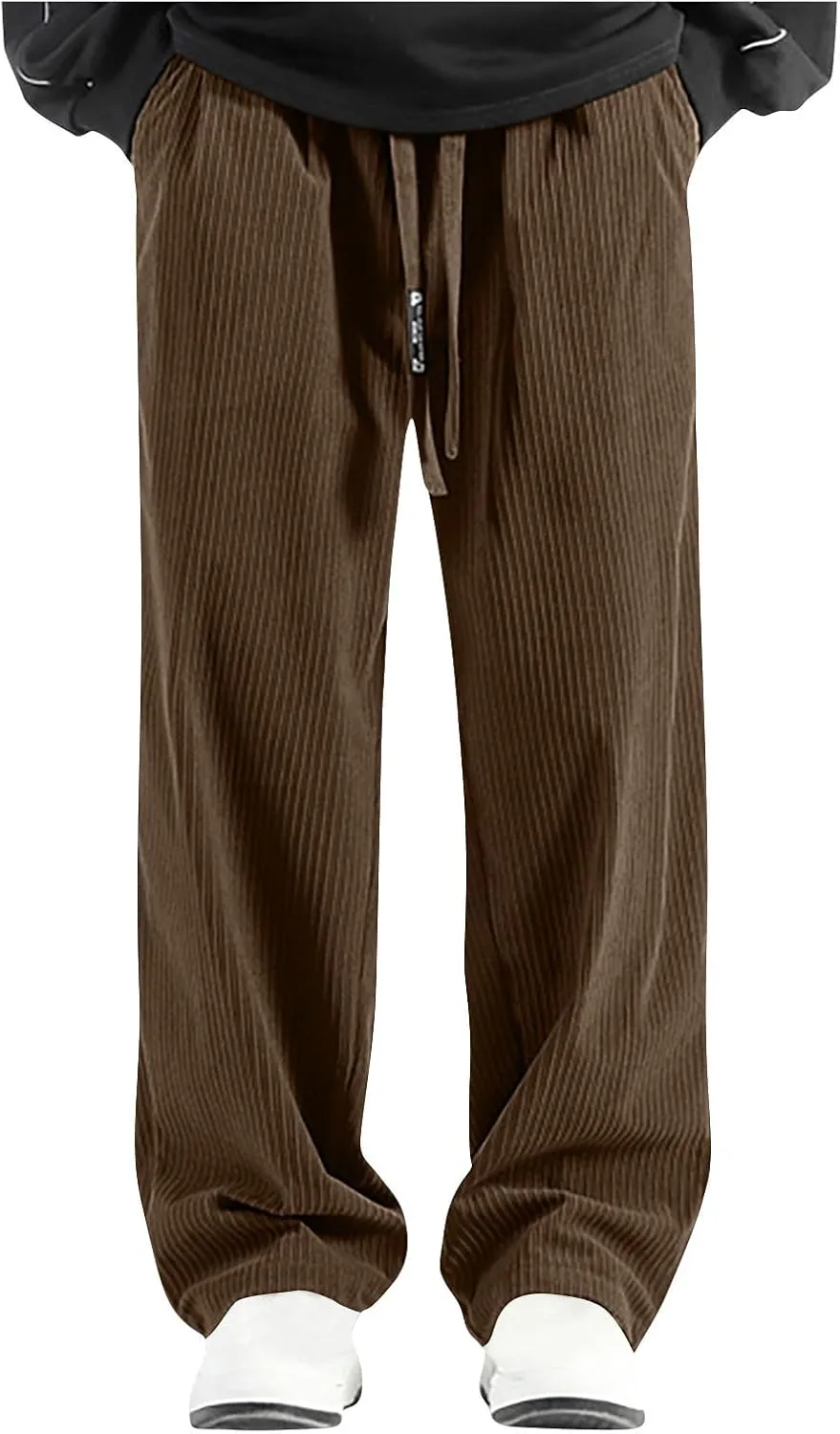 Men's Casual Baggy Corduroy Pants Stylish Comfortable Elastic High Waist Drawstring Wide Leg Trousers with Pockets