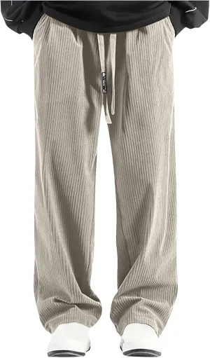 Men's Casual Baggy Corduroy Pants Stylish Comfortable Elastic High Waist Drawstring Wide Leg Trousers with Pockets