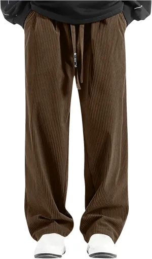 Men's Casual Baggy Corduroy Pants Stylish Comfortable Elastic High Waist Drawstring Wide Leg Trousers with Pockets