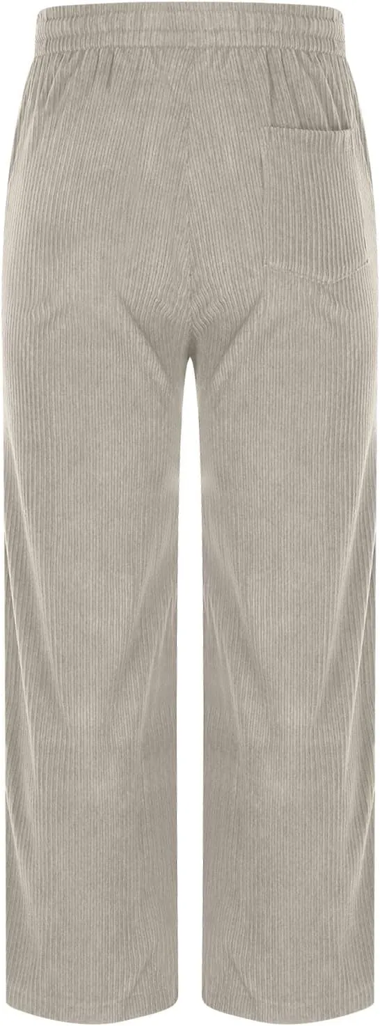 Men's Casual Baggy Corduroy Pants Stylish Comfortable Elastic High Waist Drawstring Wide Leg Trousers with Pockets