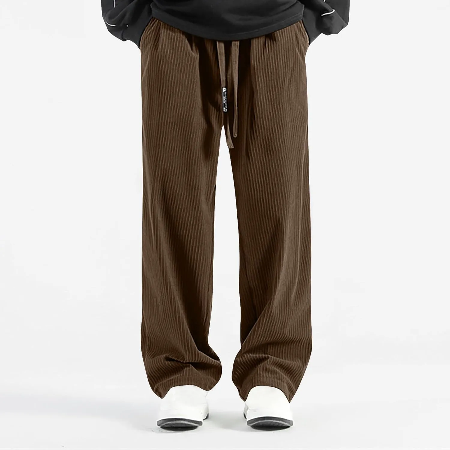 Men's Casual Baggy Corduroy Pants Stylish Comfortable Elastic High Waist Drawstring Wide Leg Trousers with Pockets