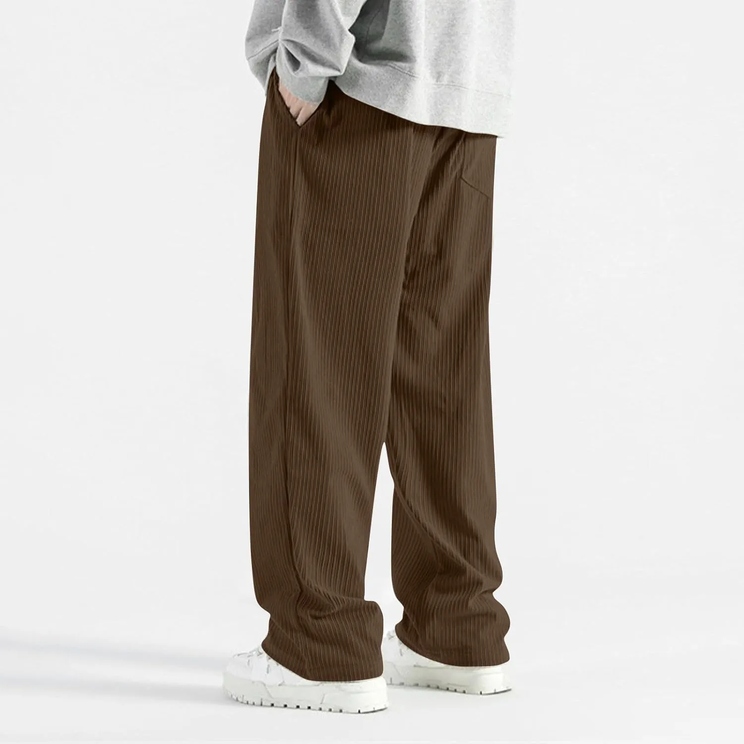 Men's Casual Baggy Corduroy Pants Stylish Comfortable Elastic High Waist Drawstring Wide Leg Trousers with Pockets