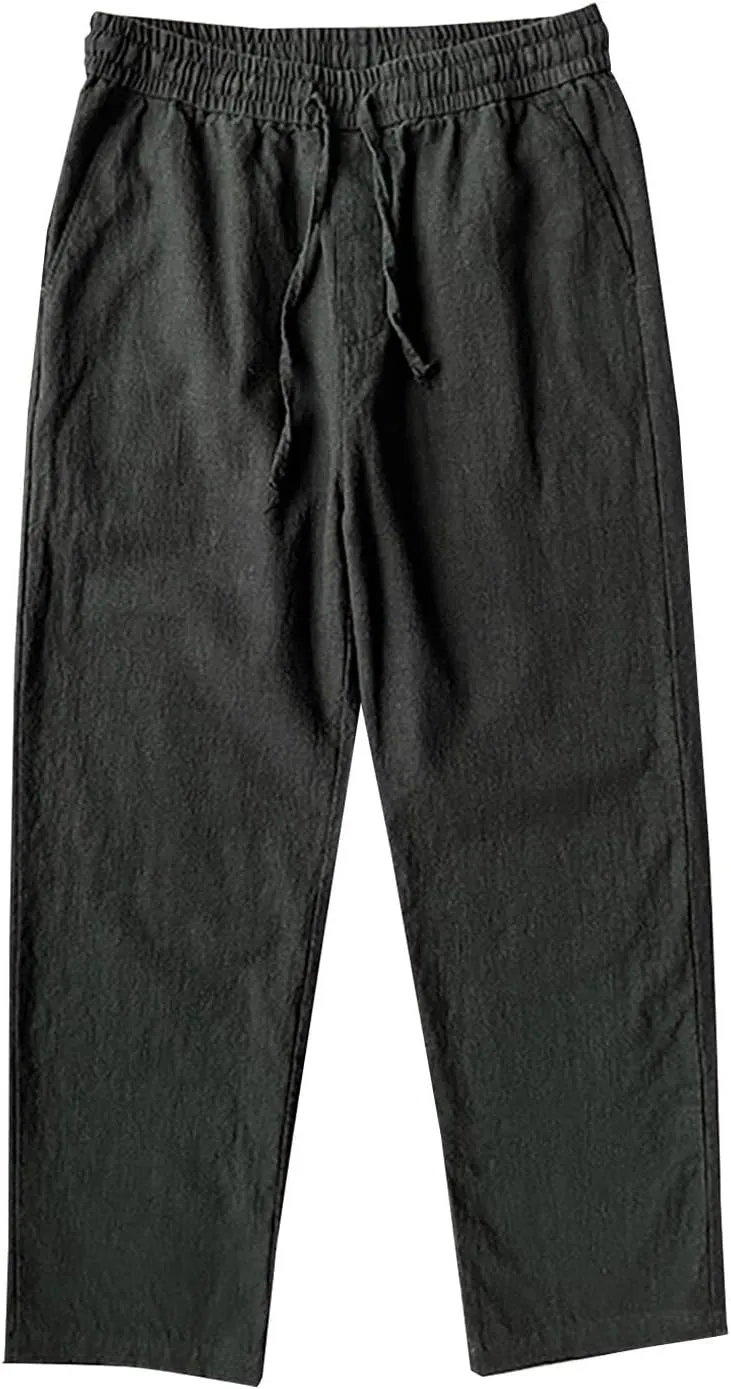 Mens Casual Linen Pants Loose Fit Straight Leg Elastic Waist Drawstring Trousers Summer Solid Beach Yoga Trouser
