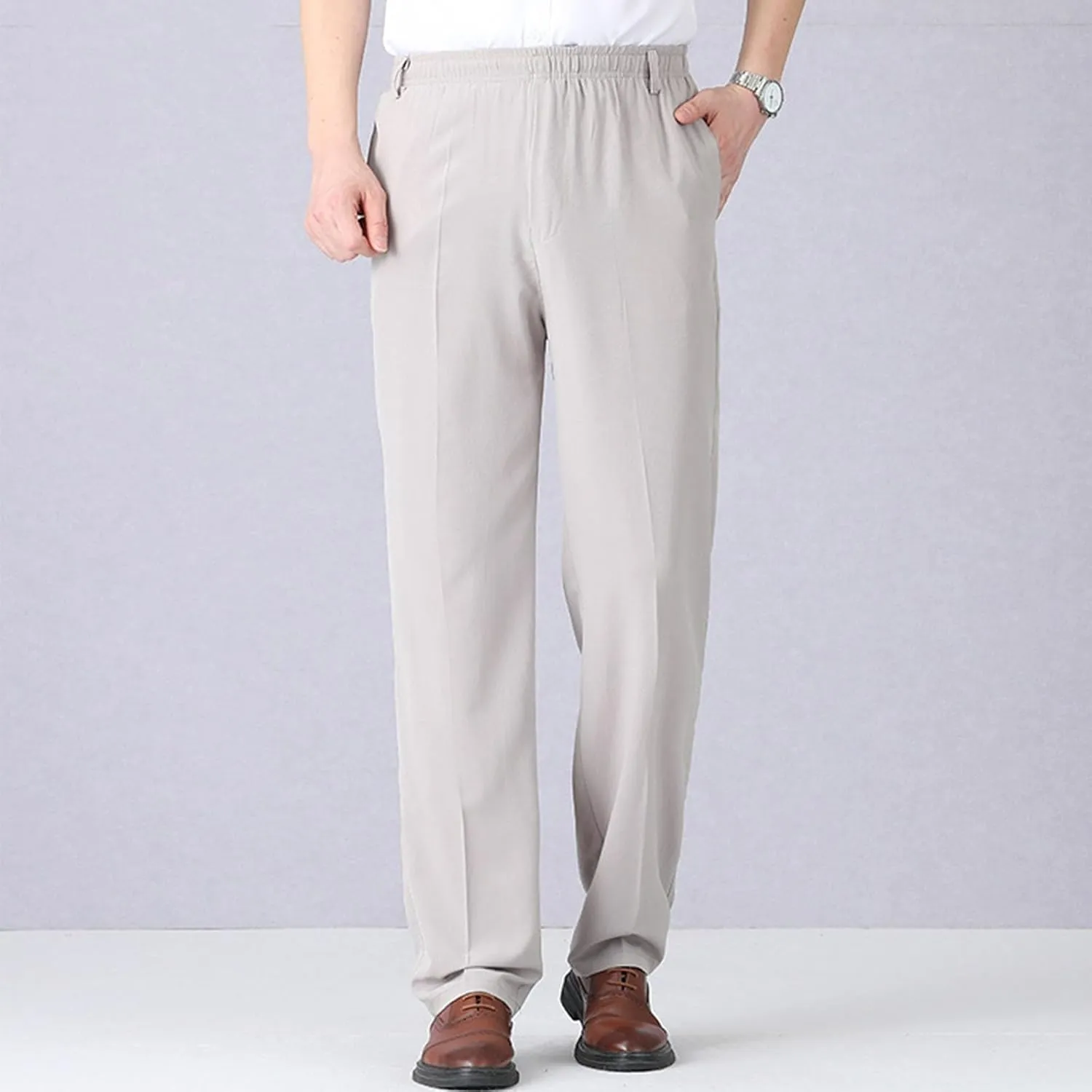 Mens Casual Pants Lightweight Loose Fit Elastic Waist Straight Leg Pant Summer Outdoor Work Travel Vacation Trousers
