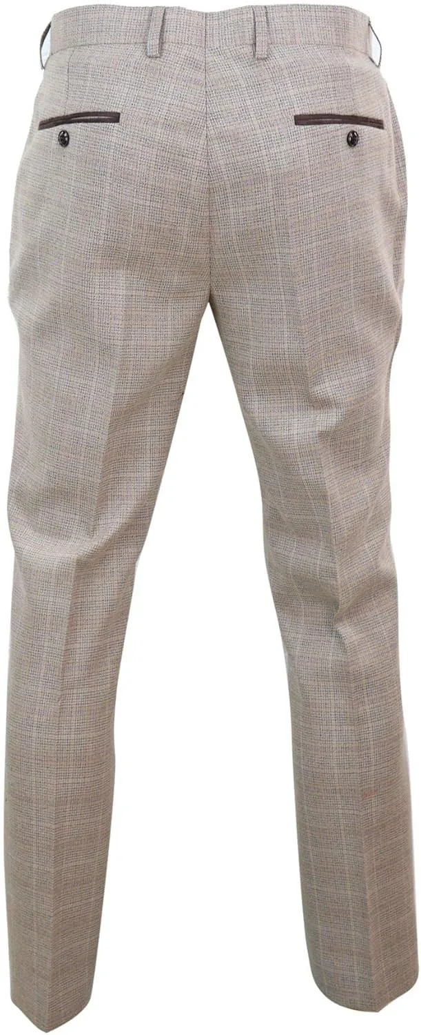 Mens Check Tweed Beige Brown Trousers Wedding Prom Vintage Retro Classic