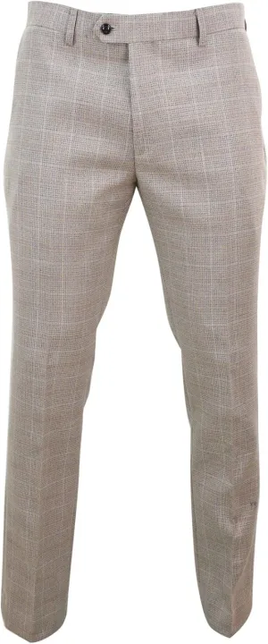 Mens Check Tweed Beige Brown Trousers Wedding Prom Vintage Retro Classic