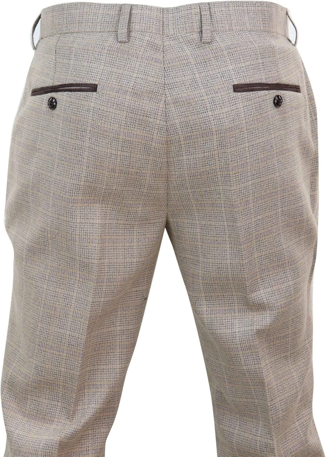 Mens Check Tweed Beige Brown Trousers Wedding Prom Vintage Retro Classic