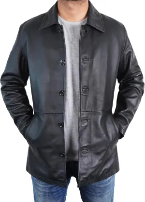 Mens Classic Winter Leather Car Coat 3/4 Length - Button Up Real Lambskin Long Jacket