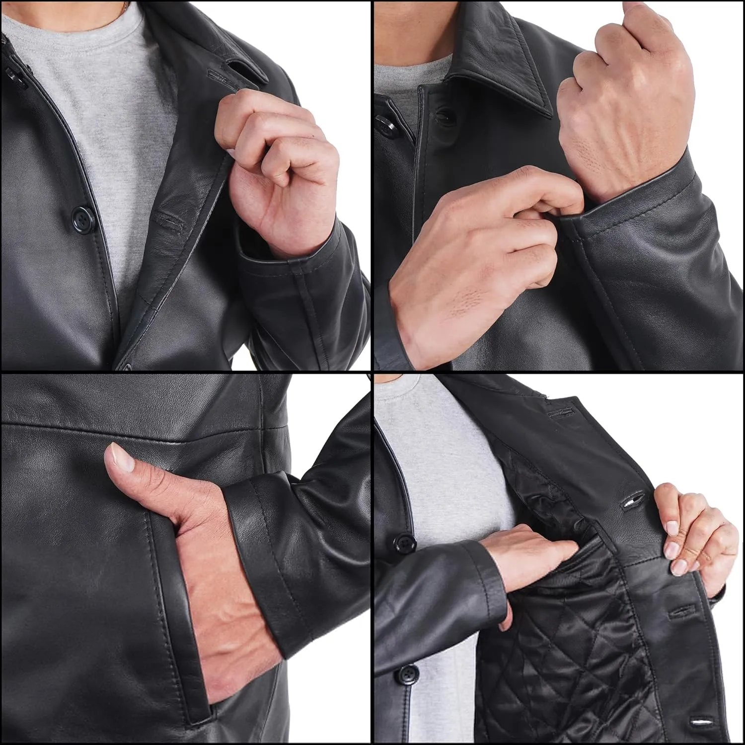 Mens Classic Winter Leather Car Coat 3/4 Length - Button Up Real Lambskin Long Jacket
