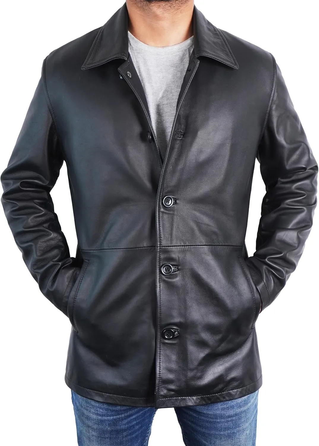 Mens Classic Winter Leather Car Coat 3/4 Length - Button Up Real Lambskin Long Jacket