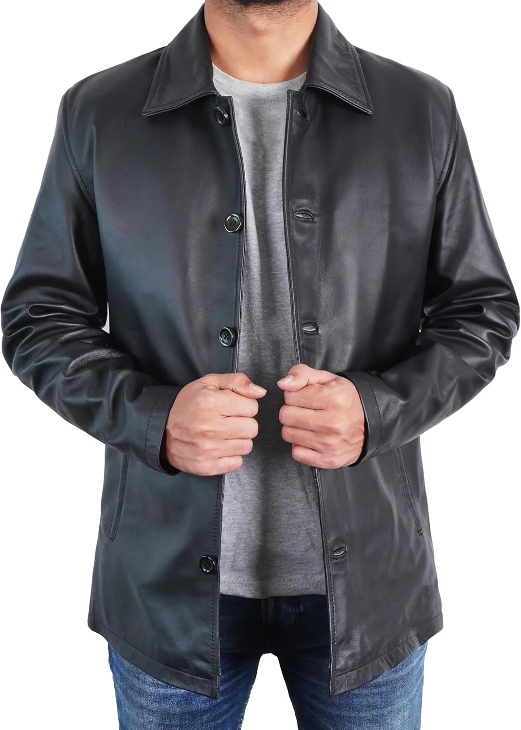 Mens Classic Winter Leather Car Coat 3/4 Length - Button Up Real Lambskin Long Jacket