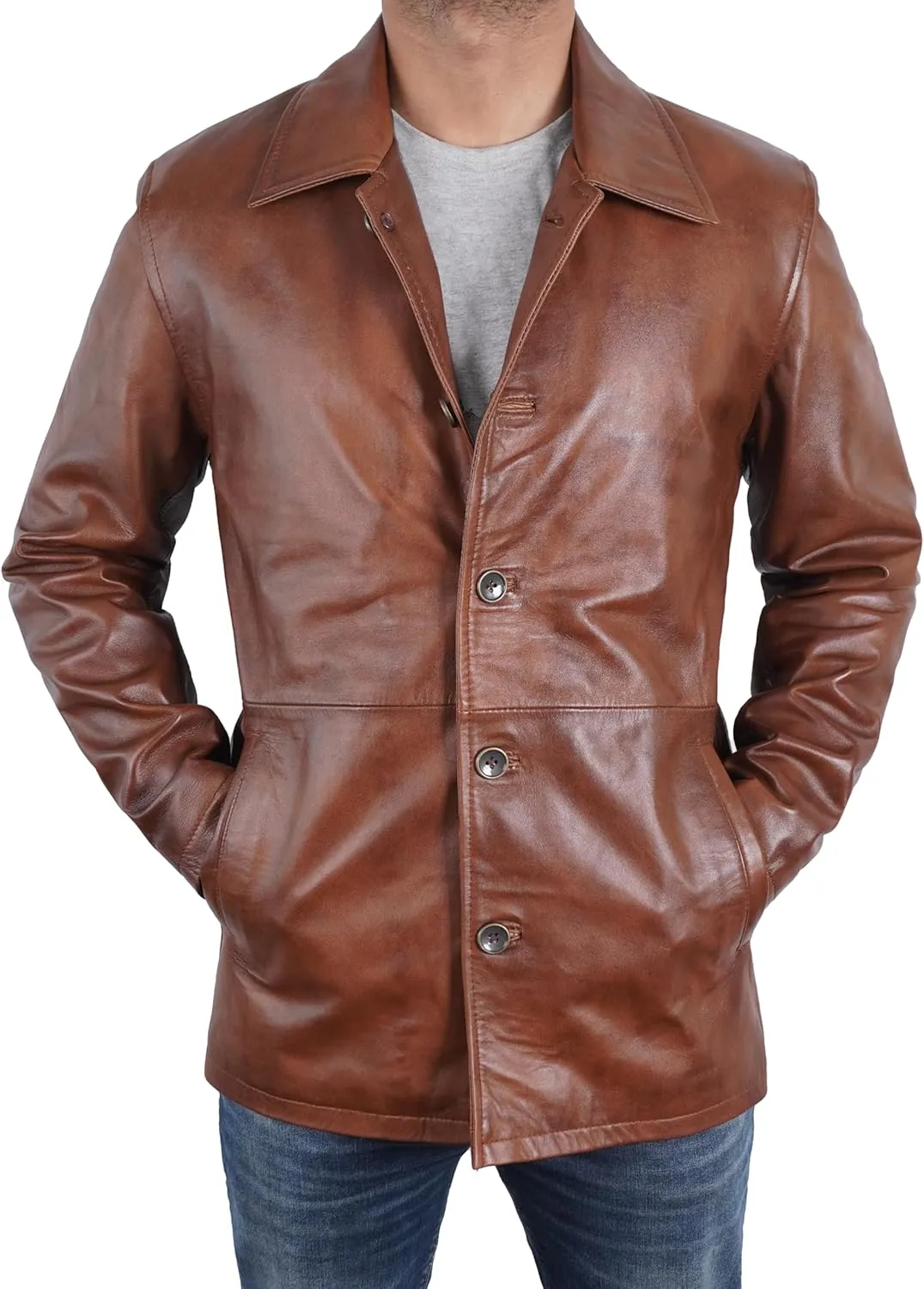 Mens Classic Winter Leather Car Coat 3/4 Length - Button Up Real Lambskin Long Jacket