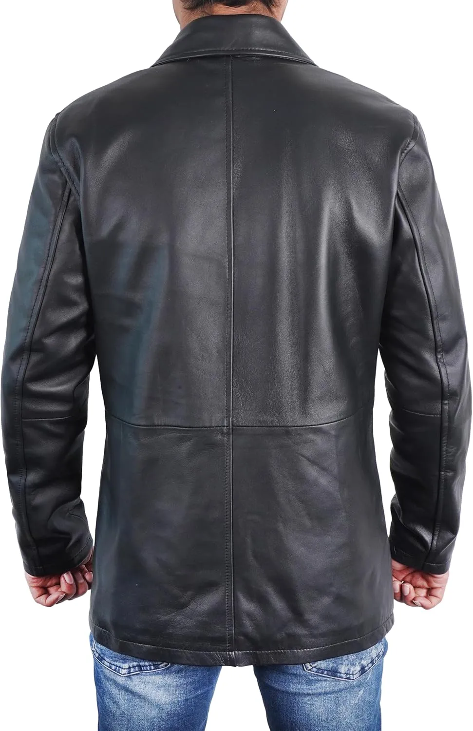 Mens Classic Winter Leather Car Coat 3/4 Length - Button Up Real Lambskin Long Jacket