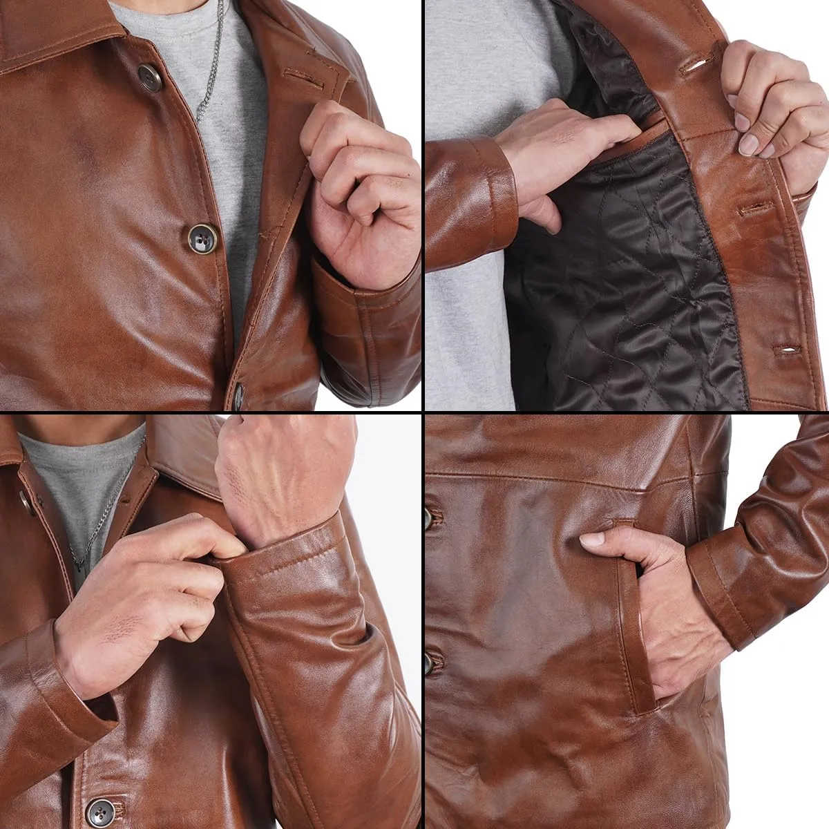 Mens Classic Winter Leather Car Coat 3/4 Length - Button Up Real Lambskin Long Jacket