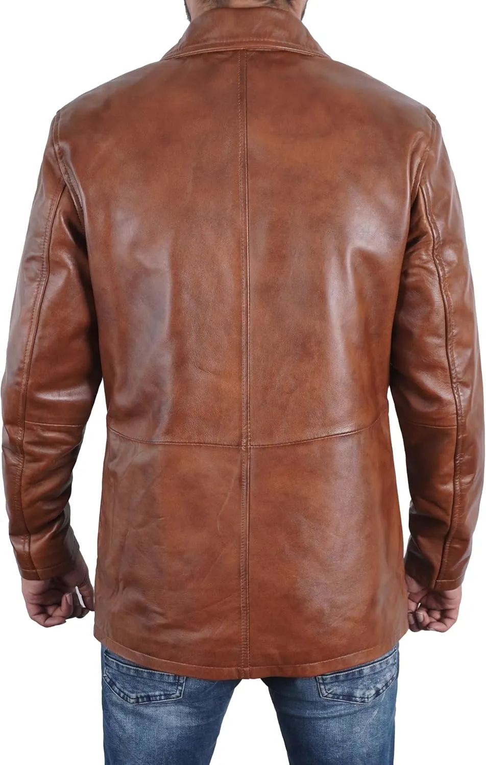 Mens Classic Winter Leather Car Coat 3/4 Length - Button Up Real Lambskin Long Jacket
