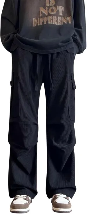 Mens Corduroy Cargo Pants Baggy Casual Drawstring Elastic High Waist Relaxed Fit Pants Wide Leg Trousers with Pockets