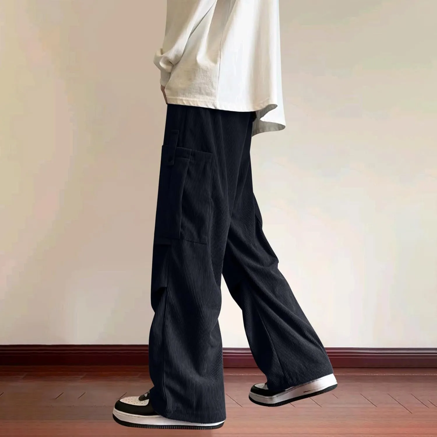 Mens Corduroy Cargo Pants Baggy Casual Drawstring Elastic High Waist Relaxed Fit Pants Wide Leg Trousers with Pockets
