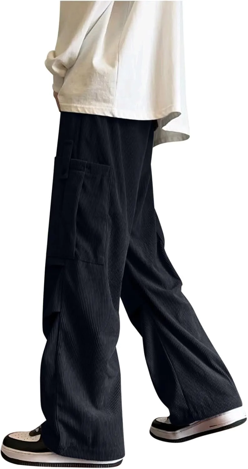 Mens Corduroy Cargo Pants Baggy Casual Drawstring Elastic High Waist Relaxed Fit Pants Wide Leg Trousers with Pockets