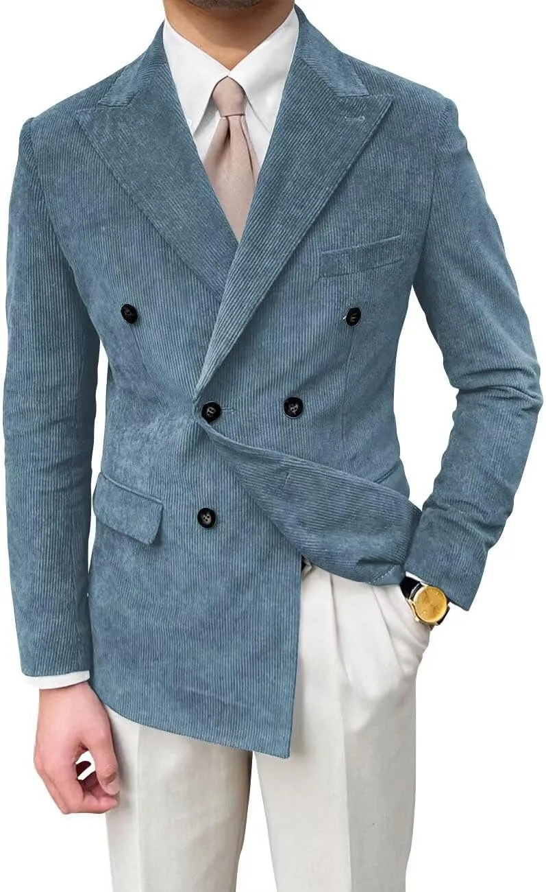 Mens Corduroy Jacket Double Breasted Blazer for Men Classic Suit Jacket Sport Coat Formal Casual Suit Blazer