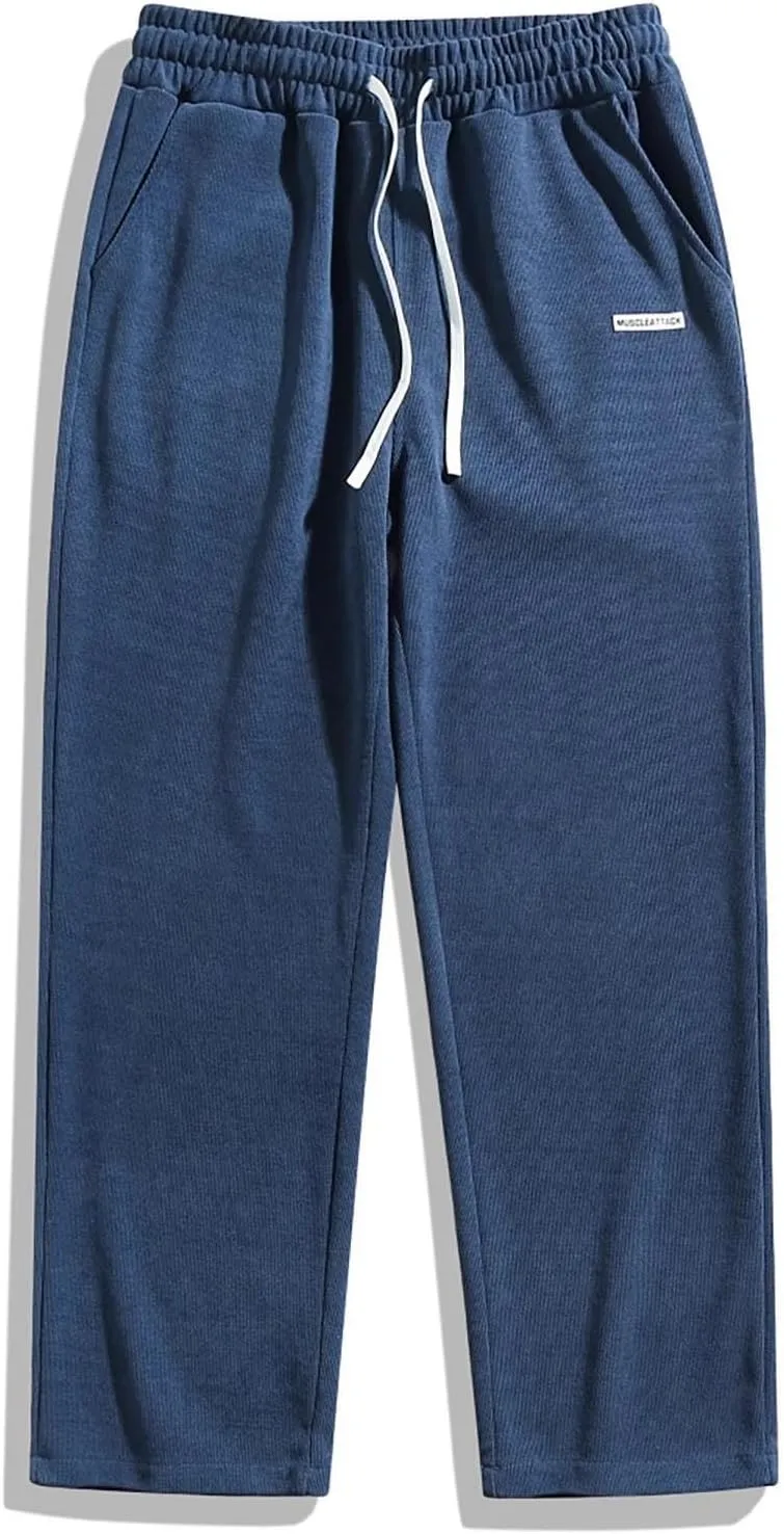 Men's Corduroy Pants Casual Loose Drawstring Elastic Waist Straight Wide Leg Jogger Sweatpant Trousers with Pockets