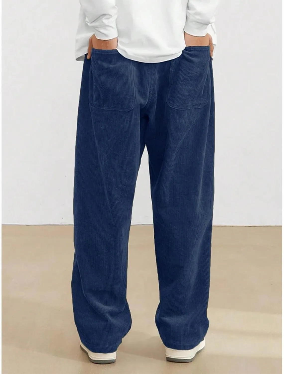 Men's Corduroy Pants Casual Loose Drawstring Elastic Waist Straight Wide Leg Jogger Sweatpant Trousers with Pockets