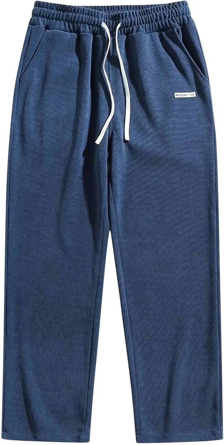 Men's Corduroy Pants Casual Loose Drawstring Elastic Waist Straight Wide Leg Jogger Sweatpant Trousers with Pockets