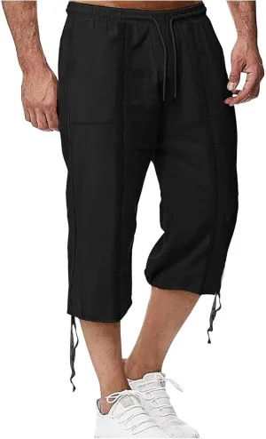 Mens Cotton and Linen Capri Pants Expandable Waist Drawstring Fashion Solid Cropped Pant Summer Loose Workout Jogger Trousers