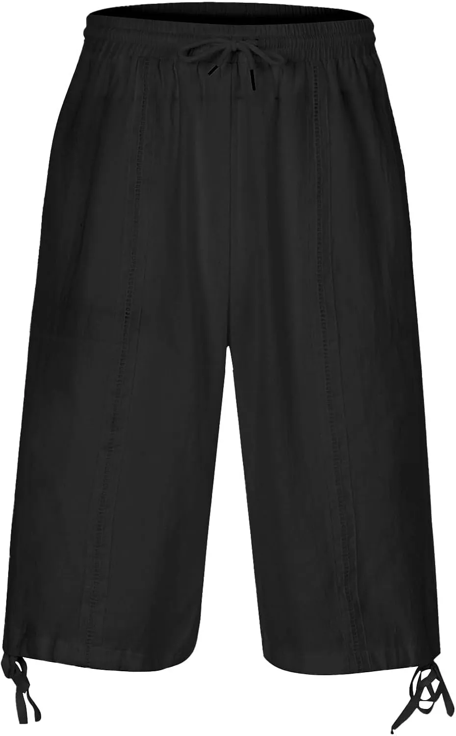 Mens Cotton and Linen Capri Pants Expandable Waist Drawstring Fashion Solid Cropped Pant Summer Loose Workout Jogger Trousers