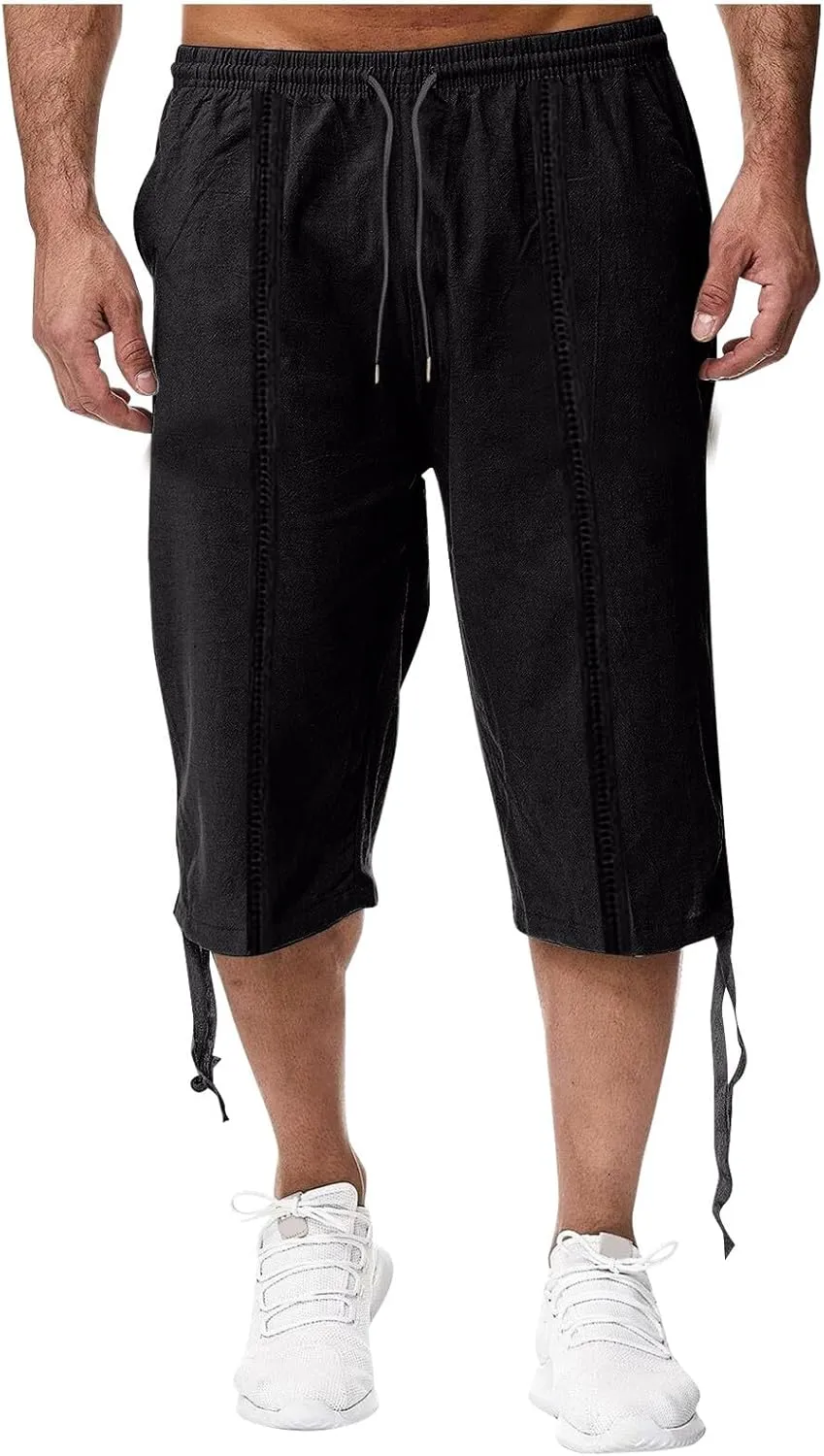 Mens Cotton and Linen Capri Pants Expandable Waist Drawstring Fashion Solid Cropped Pant Summer Loose Workout Jogger Trousers