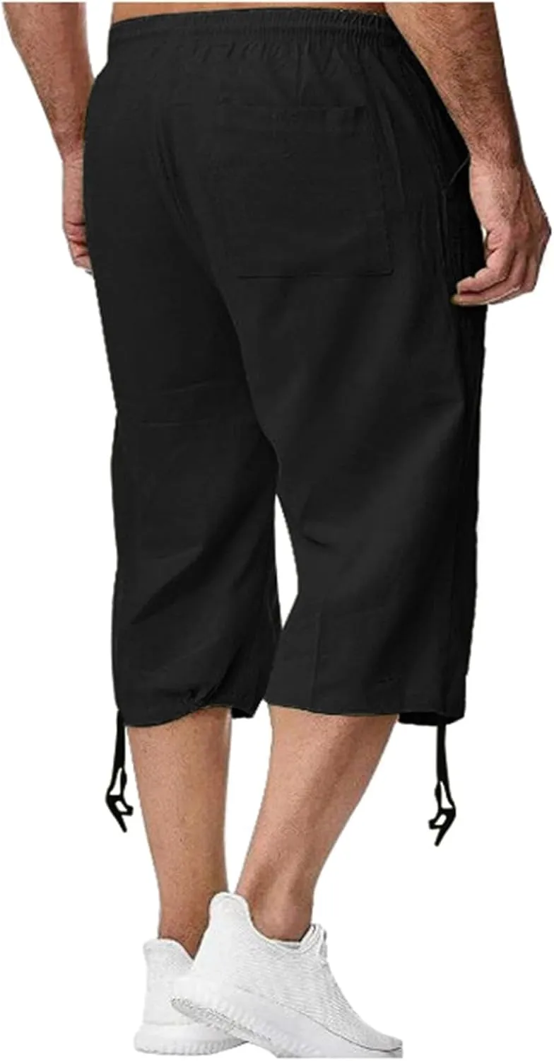 Mens Cotton and Linen Capri Pants Expandable Waist Drawstring Fashion Solid Cropped Pant Summer Loose Workout Jogger Trousers