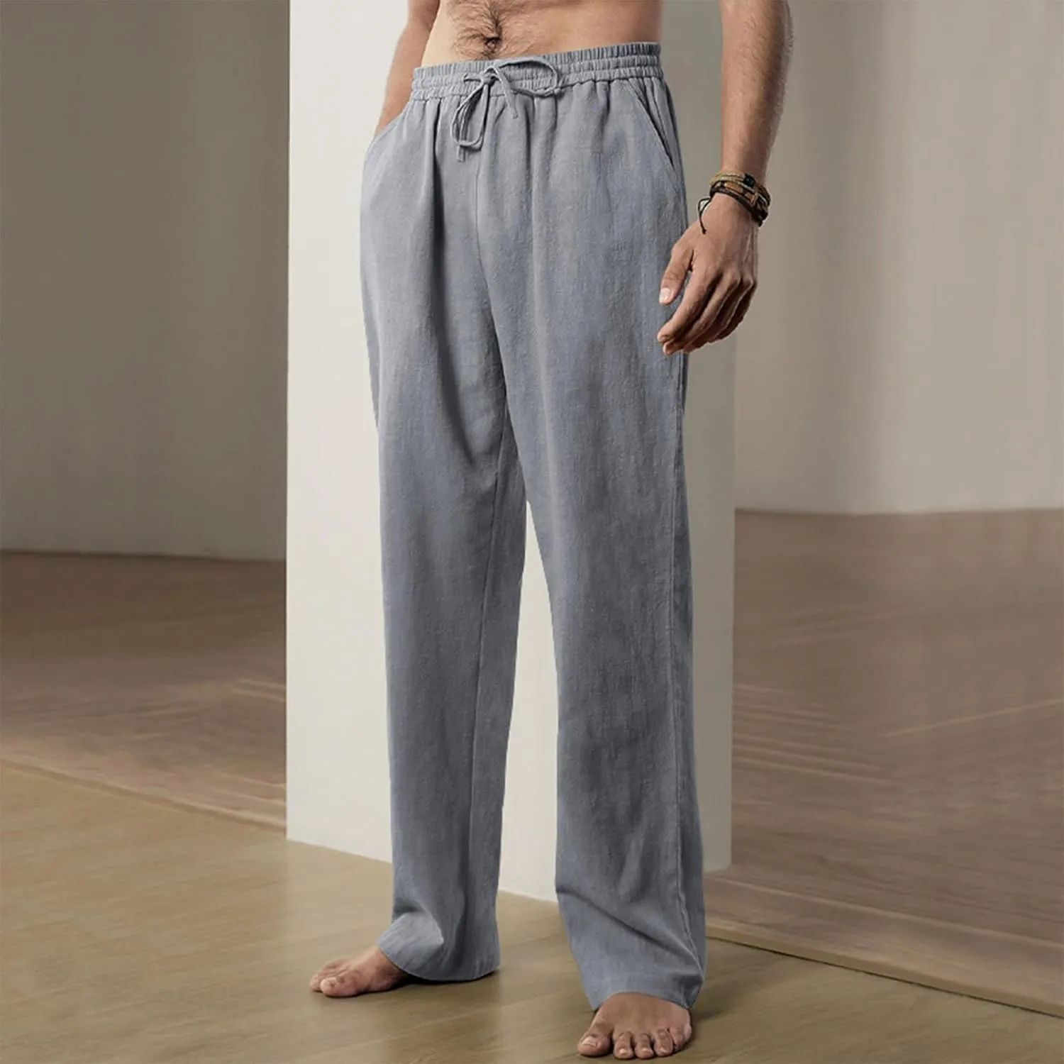 Men's Cotton Blend Pants Elastic Waist Drawstring Sweatpants with Pockets Loose Fit Joggers Workout Trousers