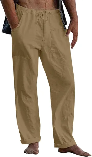 Mens Cotton Linen Pants Casual Loose Fit Summer Beach Yoga Pant Drawstring Straight-Legs Lightweight Long Trousers