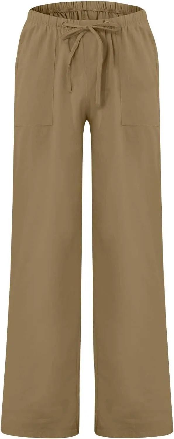 Mens Cotton Linen Pants Casual Loose Fit Summer Beach Yoga Pant Drawstring Straight-Legs Lightweight Long Trousers