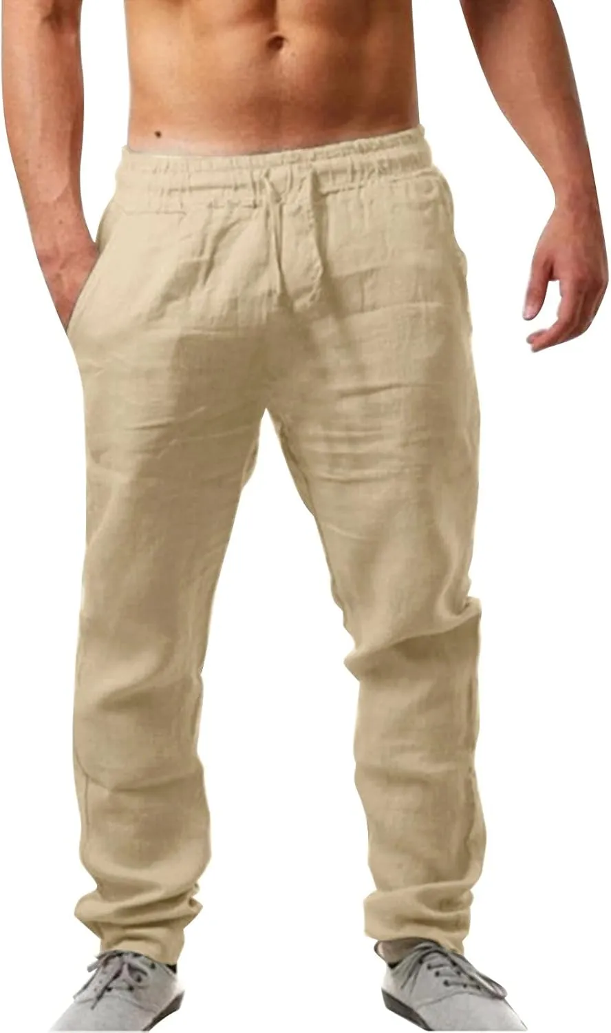 Mens Cotton Linen Pants Casual Summer Elastic Waist Drawstring Beach Athletic Pants for Workout, Jogging, Running