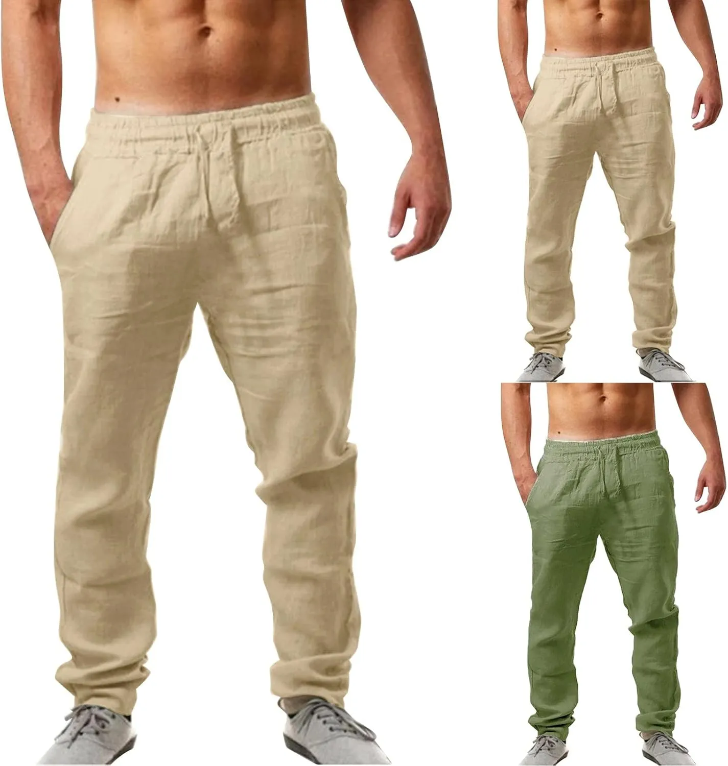 Mens Cotton Linen Pants Casual Summer Elastic Waist Drawstring Beach Athletic Pants for Workout, Jogging, Running